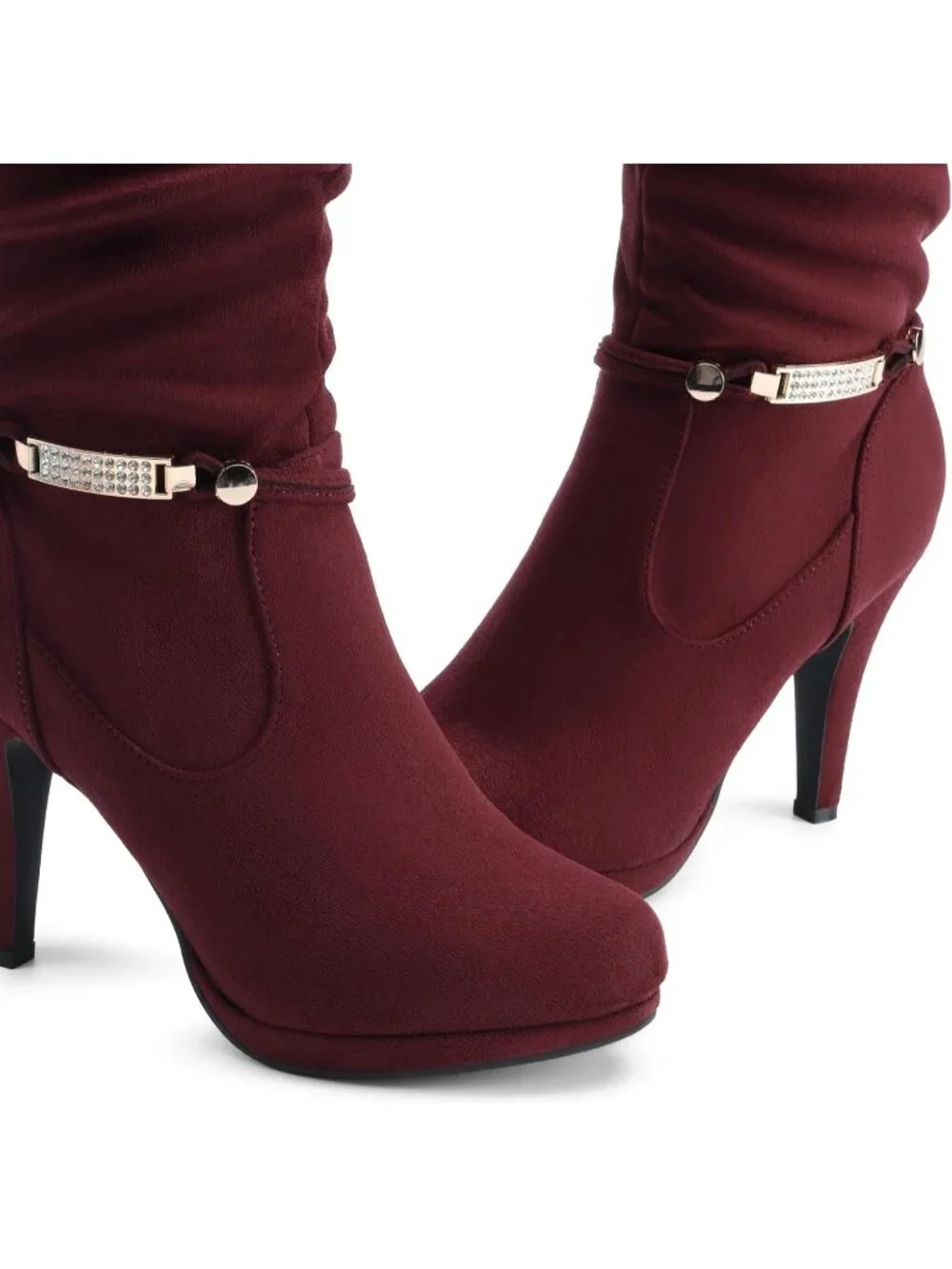 Women's Burgundy Stiletto Heel Rhinestone Chain Side Zipper Knee High Boots